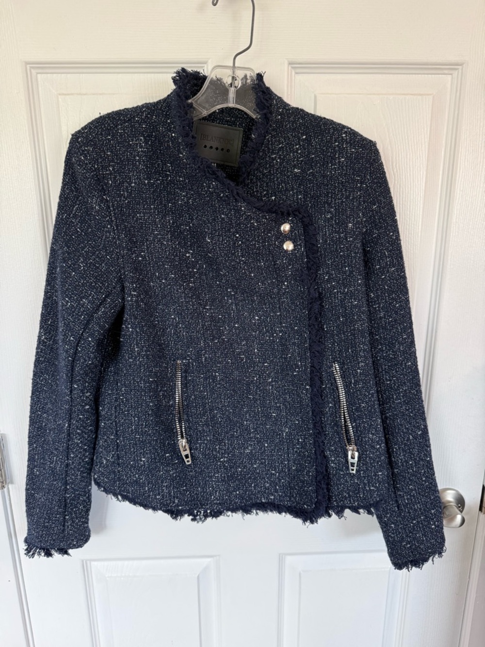 Blank NYC Navy Tweed Frayed Pearl Snap Jacket